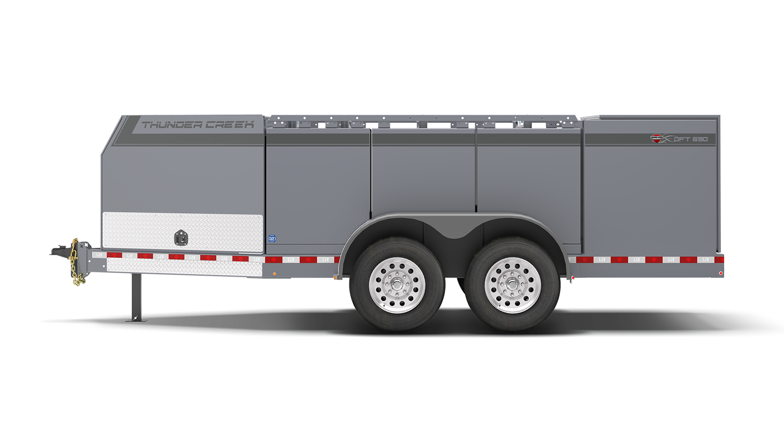 Dual Fluid Trailer, No HAZMAT, fits 690 gallons of fuel or oil, parked in side view